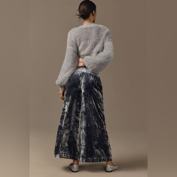 NWT! By Anthropologie Blue Crushed Velvet Wide-Leg Pull-On Pants - Large ☁️ - Picture 3 of 6